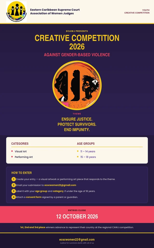 ECAWJ Creative Competition 2026 poster: Ensure Justice. Protect Survivors. End Impunity. Entries close 12 October 2026.