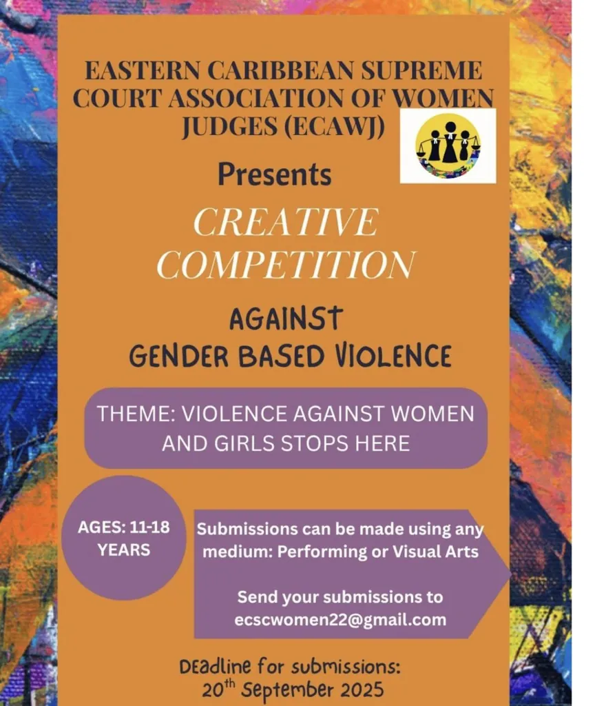 Poster: ECAWJ Creative Competition Against Gender Based Violence, theme Violence Against Women and Girls Stops Here, ages 11 to 18