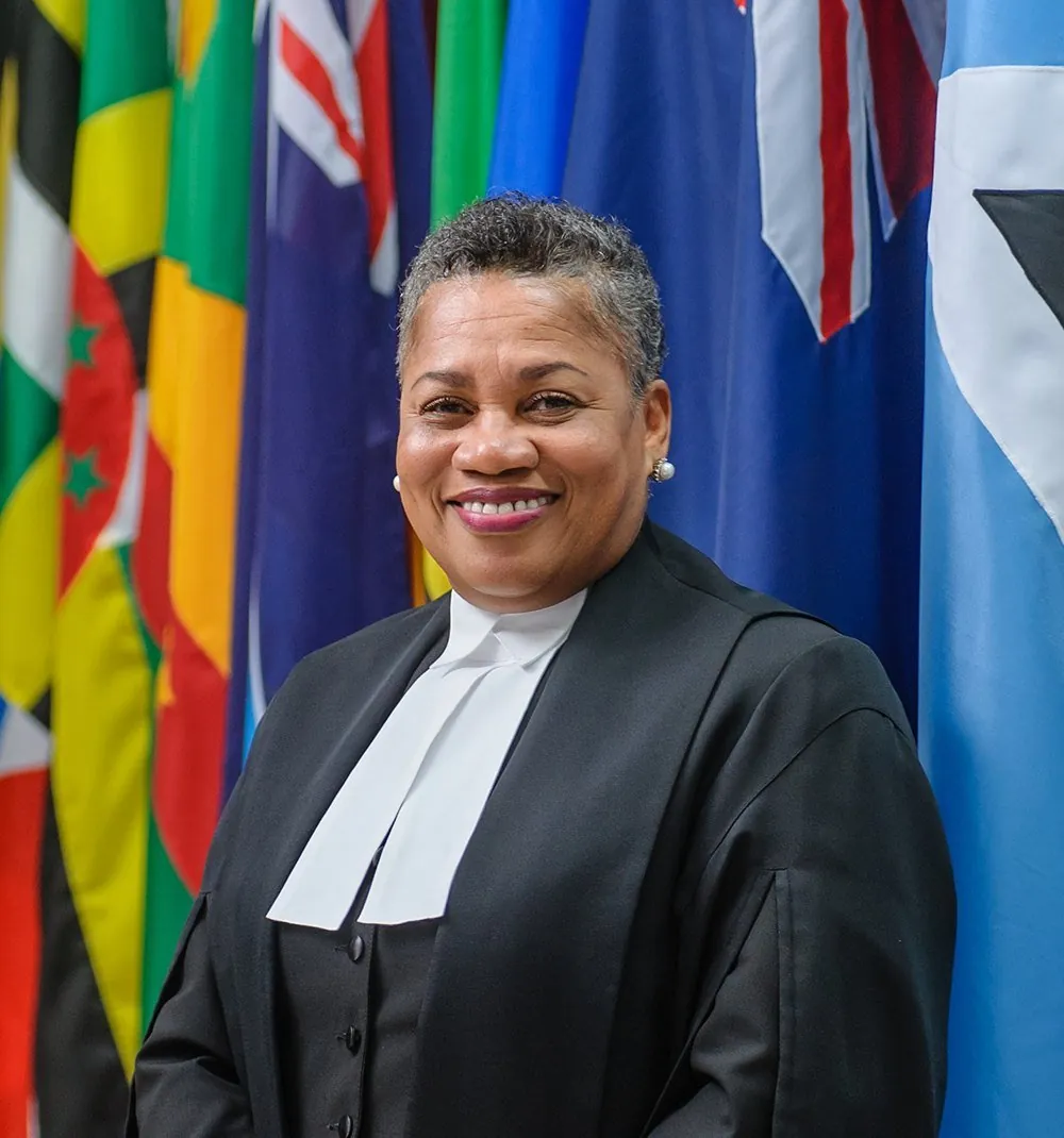 Portrait of Dame Janice Pereira in judicial robes before the flags of the ECSC Member States